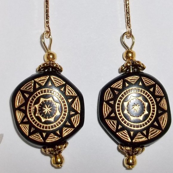 Long Earrings Black & Gold Beaded Tribal Edgy 6409 - Picture 8 of 12